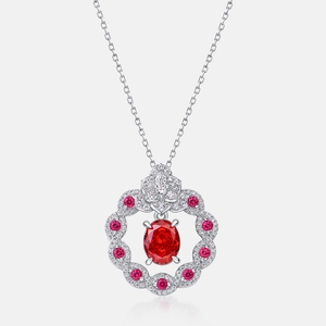 Elegant S925 silver necklace featuring a red oval gemstone pendant with diamond accents