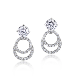 S925 silver moissanite earrings with double geometric circles and pavé stones