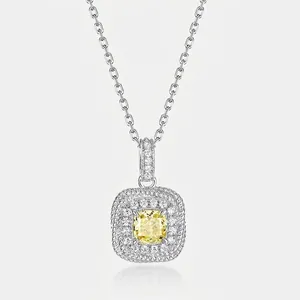 Cushion Cut Pale Yellow Rhinestone Pendant S925 Sterling Silver Square Sugar Cube Halo Pendant Necklace For Women Without Chain