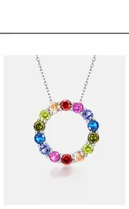 Macro detail of rainbow zircon pendant necklace with colorful stones and silver chain