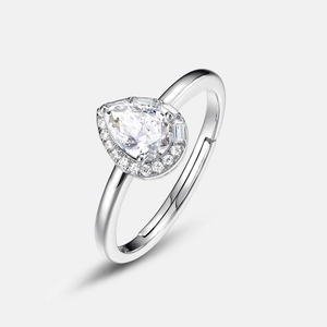 Pear shape moissanite S925 silver ring with halo setting and adjustable open band design