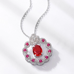 S925 silver necklace with oval red gemstone pendant and floral pink zircon accents