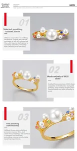 Détails de la bague en argent S925 plaqué or avec perles et zircons colorés