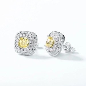 Luxury S925 silver square yellow gemstone stud earrings with double halo diamond accents