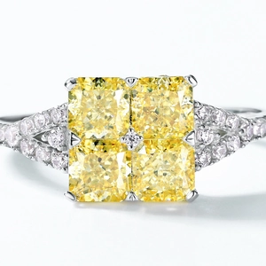 Bague de luxe en argent S925 avec diamants jaunes taille coussin et pavé de brillants