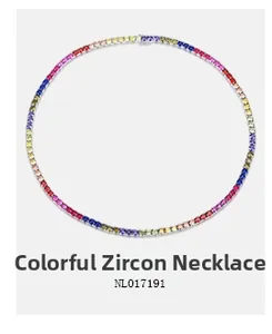 Close-up of circular rainbow tennis necklace featuring multi-color round-cut gemstones