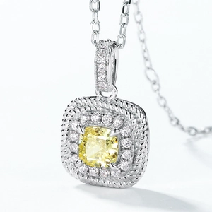 S925 sterling silver necklace with yellow cushion-cut crystal and double halo frame