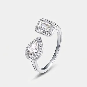 925 Sterling Silver Moissanite Open Ring For Women Emerald Pear Cut Toi Et Moi Halo Engagement Ring With GRA Certificate