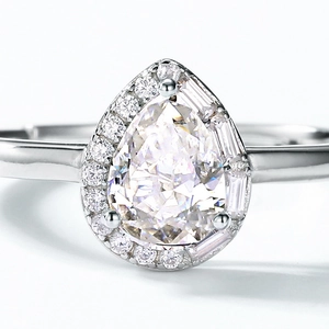 Pear cut moissanite ring in S925 sterling silver with halo setting and water drop shape