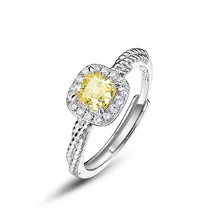 Bague en Argent Sterling S925 Avec Diamant Jaune à Haute Teneur en Carbone pour Femme Bague Halo Taille Coussin Réglable Bijoux
