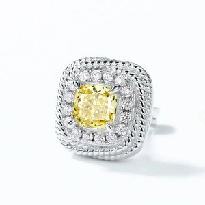 Square ice cut yellow carbon diamond earrings with S925 silver halo setting