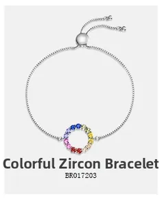 Close-up of a silver bolo bracelet featuring a circular colorful zircon pavé pendant