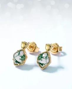 Detailed view of natural green moss agate earrings with luxury 10K gold plating finish