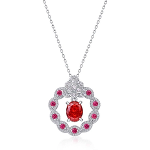 Luxury S925 silver necklace featuring a large oval red crystal pendant with pavé diamonds
