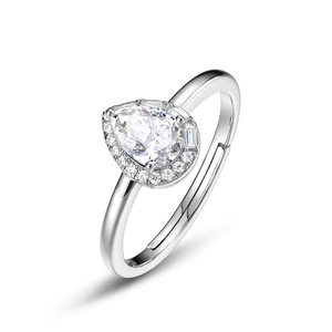 Elegant pear-shaped moissanite ring in S925 silver with a halo setting and adjustable band