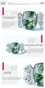 Macro detail of S925 silver ring featuring square green moss agate and ornate engraving