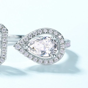 S925 silver pear cut water drop ring with halo diamonds and pink side stones