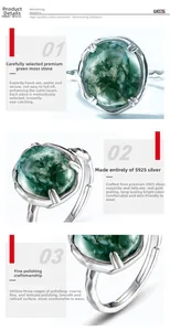Detailed views of S925 silver ring featuring moss agate stone with 4-claw setting