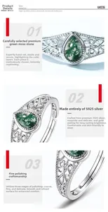 Close-up of moss agate stone set in S925 sterling silver with intricate carved details