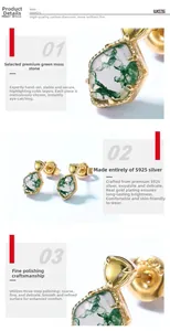 Detail of S925 silver engraving on green moss agate earrings with gold plating