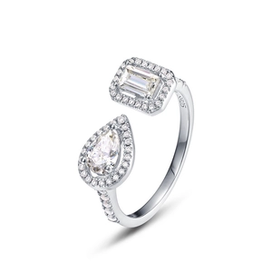 S925 silver open ring featuring emerald and pear cut crystals with halo pavé settings