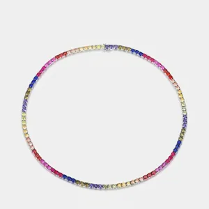 Vintage 925 Sterling Silver Rainbow Zirconia Necklace For Women Men Colorful Square Stone Box Chain Geometric Jewelry Gift