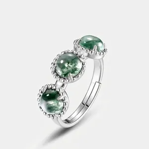 Vintage S925 Sterling Silver Moss Agate Ring For Women Adjustable Open Three Stone Green Natural Agate Retro Jewelry Ring
