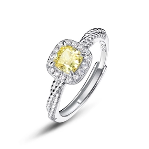 Bague ajustable en argent S925 avec cristal jaune carré et anneau torsadé élégant