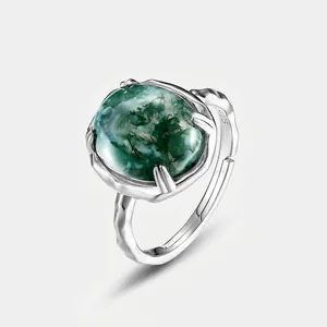 Vintage S925 Sterling Silver Green Moss Agate Ring For Women Four Prong Setting Natural Agate Adjustable Open Finger Ring