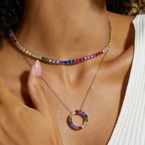 Rainbow cubic zirconia tennis necklace and circular pendant in S925 sterling silver