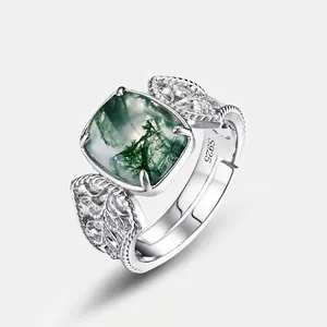 Vintage S925 Sterling Silver Moss Agate Ring Square Natural Green Gemstone Open Adjustable Leaf Filigree Jewelry For Women