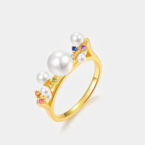 Bague En Argent Sterling 925 Pour Femme Plaqué Or 10K Zircone Cubique Colorée Künstliche Perle Couronne Bijoux Mode Minimaliste