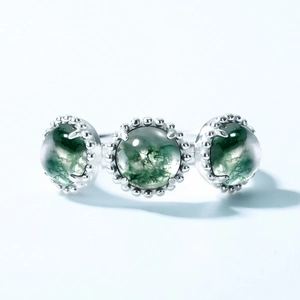Vintage S925 silver ring featuring three round green moss agate stones in a prong setting