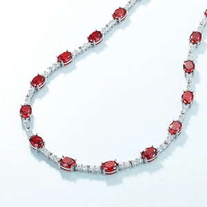Elegant S925 silver necklace featuring oval red gemstones and white diamonds
