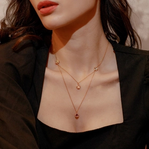 Double-layered S925 silver necklace with circular pink and yellow gemstone pendants