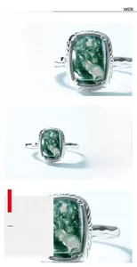 Macro detail of rectangle moss agate stone on S925 sterling silver vintage ring band