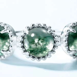 S925 sterling silver ring with three green moss agate stones in vintage bezel setting