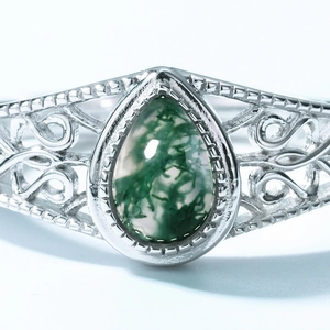 Vintage S925 silver open ring with teardrop moss agate featuring floral hollow details