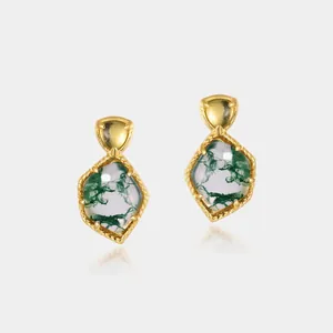 Retro S925 Sterling Silver Moss Agate Stud Earrings For Women 10K Gold Plated Geometric Natural Green Stone Rhinestone Jewelry