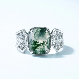 Vintage S925 silver open ring featuring a square moss agate with intricate floral carving