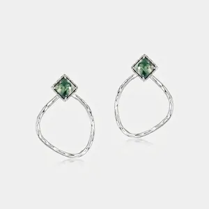 S925 Sterling Silver Natural Moss Agate Detachable Drop Earrings For Women Geometric Square Green Stone Stud Earrings Jewelry