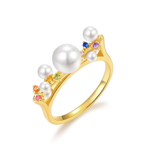 Bague couronne en argent S925 plaqué or 10k avec perles et zircons multicolores