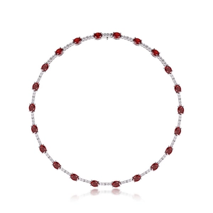 Oval cut ruby silver tennis necklace with white pavé stones in a circular layout