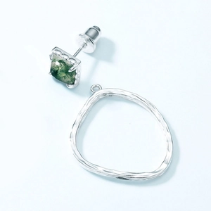 S925 silver stud earrings featuring natural green moss agate and detachable rings