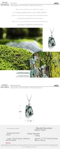 Macro detail of S925 silver pendant with green moss agate and precise dimensions
