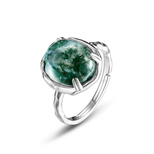 Retro S925 sterling silver ring with oval moss agate gemstone and hammered texture band