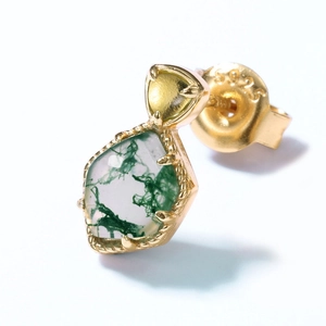 Geometric moss agate drop earrings in S925 sterling silver plated with 10K gold