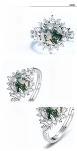 Macro detail of S925 silver ring featuring moss agate and sparkling zircon inlay