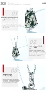 Macro view of S925 silver necklace with four-claw set natural green moss agate stone