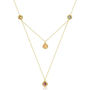 925 Sterling Silver 10K Gold Plated Double Layer Necklace Colorful Candy Gemstone Rhinestone Round Pendant Neck Jewelry